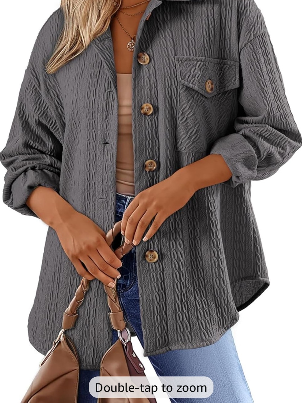 Women’s Textured Long-Sleeve Button-Up Shirt — Gray